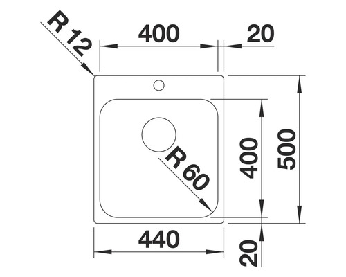 Technische Zeichnung einer Küchenspüle mit Maßangaben