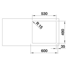 Technische Zeichnung einer Spüle mit den Maßen 600 mal 490 mal 35 mm