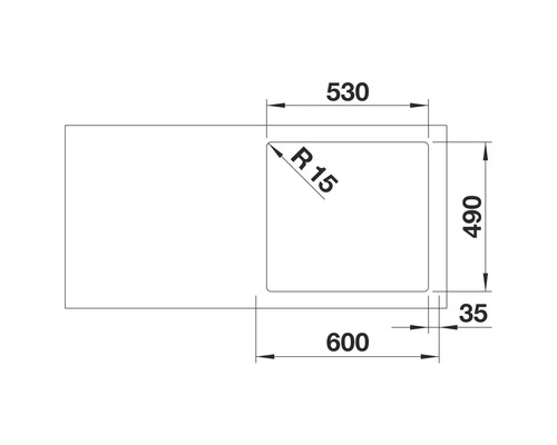 Technische Zeichnung einer Spüle mit den Maßen 600 mal 490 mal 35 mm