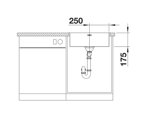 Technische Zeichnung eines Spülbeckens mit Abmessungen 250 und 175