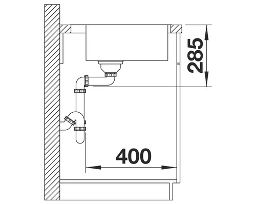 Technische Zeichnung eines Spülbeckens mit Siphon und Maßangaben