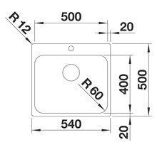 Technische Zeichnung einer Spüle mit Maßangaben