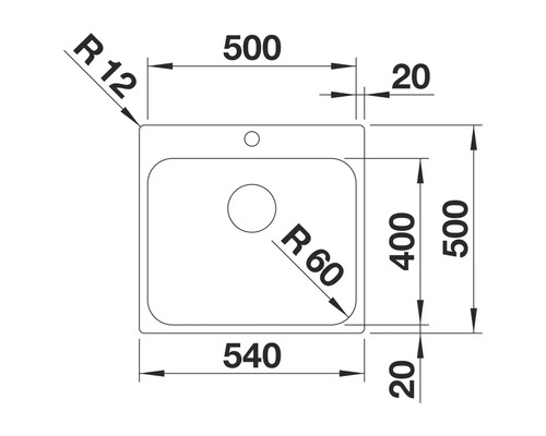 Technische Zeichnung einer Spüle mit Maßangaben