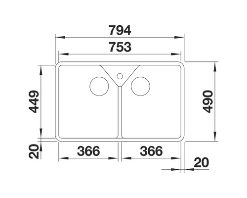 Technische Zeichnung einer Küchenspüle mit Doppelbecken und Maßangaben