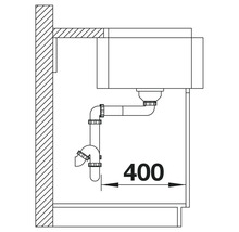 Skizze eines Waschbeckens mit Siphon und Maßangabe 400