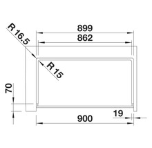 Technische Zeichnung eines Spülbeckens mit Maßangaben