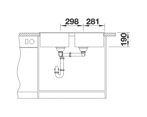 Zeichnung einer Doppelspüle mit Maßangaben.