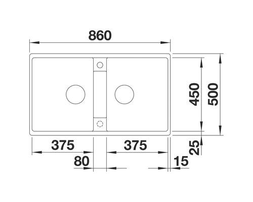 Zeichnung einer Spüle mit den Maßen 860 x 500 mm.