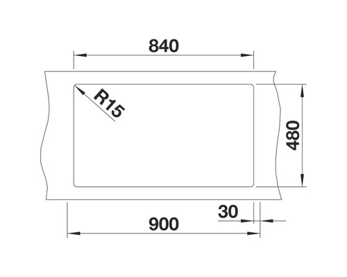 Technische Zeichnung eines rechteckigen Beckens mit abgerundeten Ecken und Maßangaben