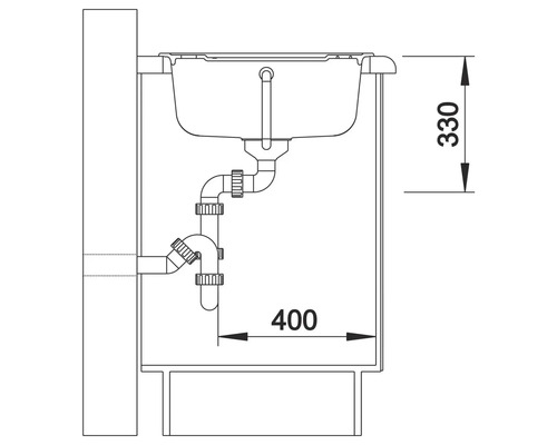 Skizze einer Spüle mit Abmessungen für die Planung