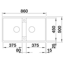Zeichnung einer Spüle mit den Maßen 860 x 500 mm.