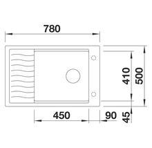 Skizze einer Spüle mit den Maßen 780 x 500 mm.