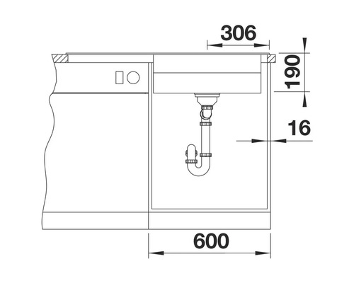 Technische Zeichnung eines Waschbeckens mit Maßangaben