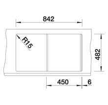 Technische Zeichnung einer Spüle mit den Maßen 842 x 482 mm