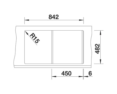 Technische Zeichnung einer Spüle mit den Maßen 842 x 482 mm
