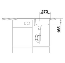 Zeichnung eines Spülbeckens mit Abmessungen, inklusive Unterschrank