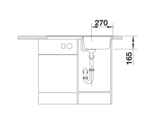 Zeichnung eines Spülbeckens mit Abmessungen, inklusive Unterschrank