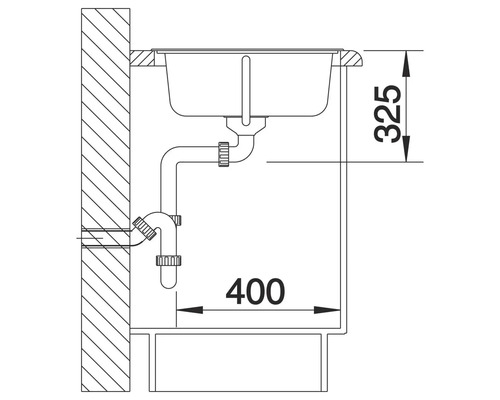 Technische Zeichnung eines Spülbeckens mit Maßangaben