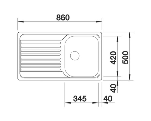 Zeichnung einer Spüle mit den Maßen 860 x 500 Millimeter.