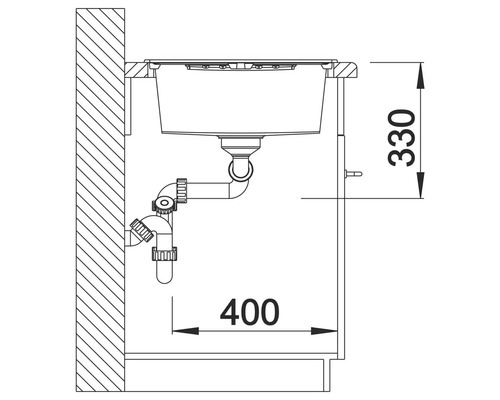 Technische Zeichnung eines Spülbeckens mit Abmessungen