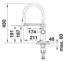 Maßzeichnung einer Küchenarmatur mit den Maßen 450, 191, 187, 174, 211, 48 und maximal 60 Millimeter.