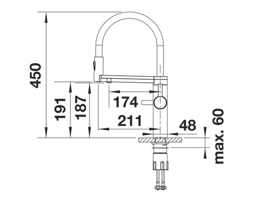 Maßzeichnung einer Küchenarmatur mit den Maßen 450, 191, 187, 174, 211, 48 und maximal 60 Millimeter.