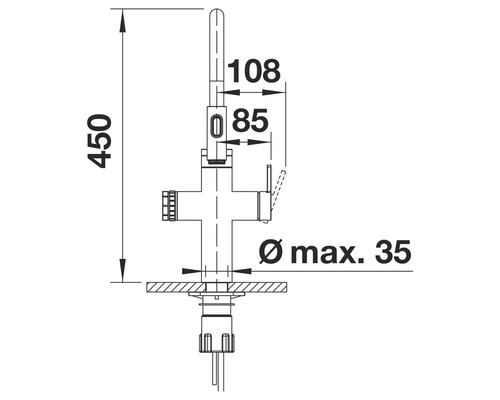 Technische Zeichnung einer Armatur mit Maßangaben