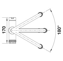 Technische Zeichnung einer schwenkbaren Armatur mit Maßangaben