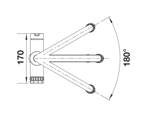 Technische Zeichnung einer schwenkbaren Armatur mit Maßangaben