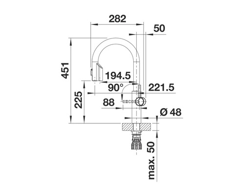 Technische Zeichnung einer Küchenarmatur mit Maßangaben