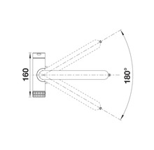 Technische Zeichnung einer Armatur mit schwenkbarem Auslauf und Maßangaben.