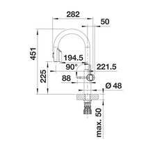 Technische Zeichnung einer Küchenarmatur mit Maßangaben