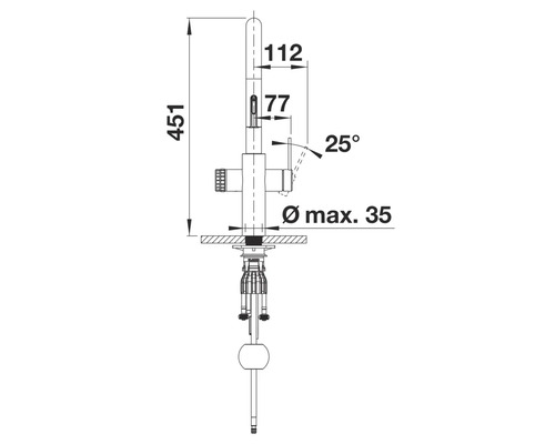 Technische Zeichnung einer Küchenarmatur mit Maßen
