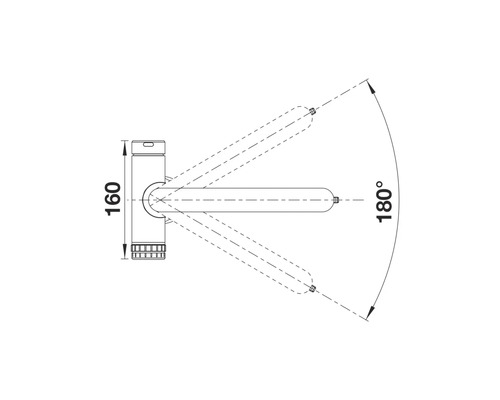 Technische Zeichnung einer Armatur mit schwenkbarem Auslauf und Maßangaben.