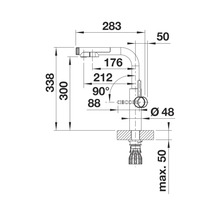 Maßzeichnung einer Armatur mit Abmessungen in Millimetern