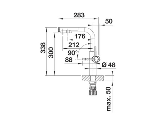 Maßzeichnung einer Armatur mit Abmessungen in Millimetern