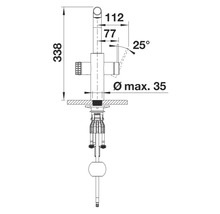 Maßzeichnung einer Küchenarmatur mit Angabe der Maße.