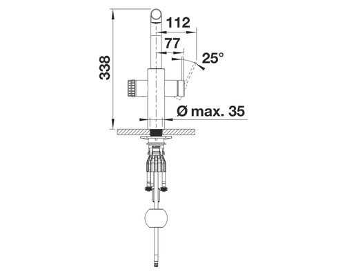 Maßzeichnung einer Küchenarmatur mit Angabe der Maße.
