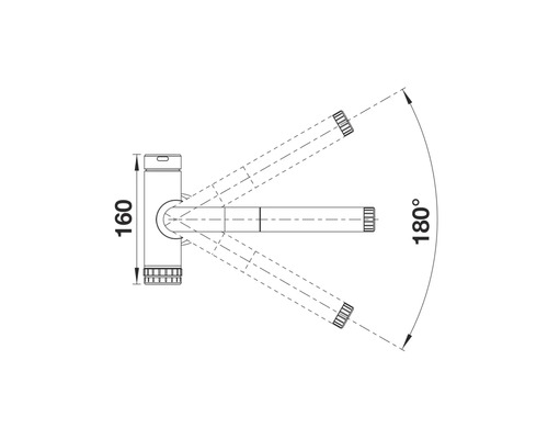 Technische Zeichnung einer Armatur mit Maßangabe 160 und einem Schwenkbereich von 180 Grad.