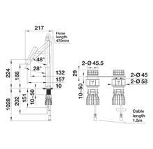 Technische Zeichnung einer Küchenarmatur mit Maßangaben