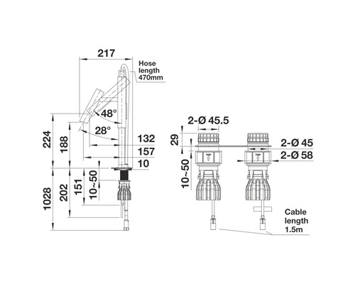 Technische Zeichnung einer Küchenarmatur mit Maßangaben