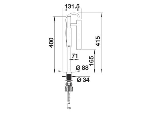 Maßzeichnung einer Küchenarmatur mit Höhen- und Durchmesserangaben