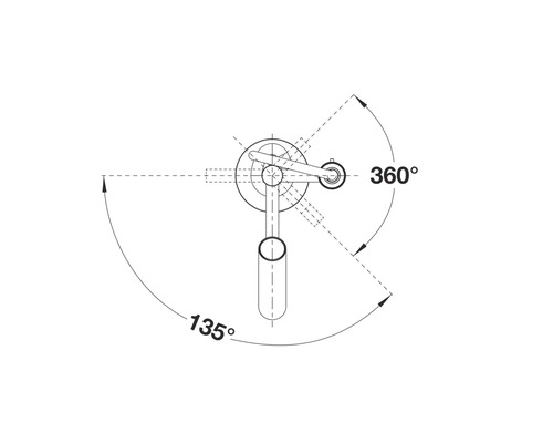 Technische Zeichnung eines Wasserhahn mit 360 und 135 Grad Angaben.