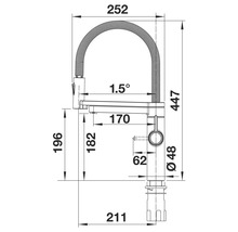 Maßzeichnung einer Küchenarmatur mit Ausziehbrause und Größenangaben