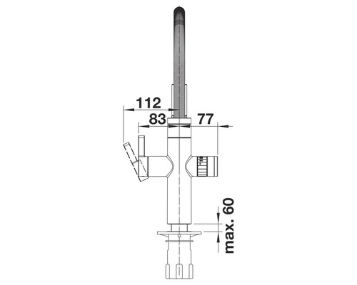 Technische Zeichnung einer Küchenarmatur mit Maßangaben