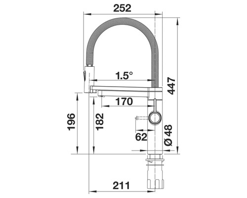 Maßzeichnung einer Küchenarmatur mit Ausziehbrause und Größenangaben