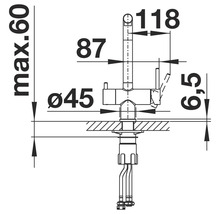 Technische Zeichnung einer Armatur mit Maßangaben
