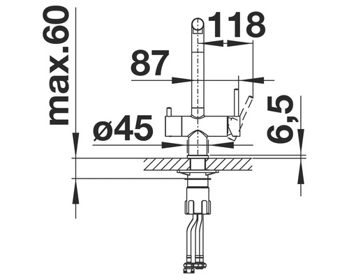 Technische Zeichnung einer Armatur mit Maßangaben