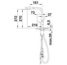 Technische Zeichnung einer Küchenarmatur mit Maßangaben