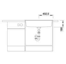 Technische Zeichnung eines Waschtischunterschranks mit Abmessungen.